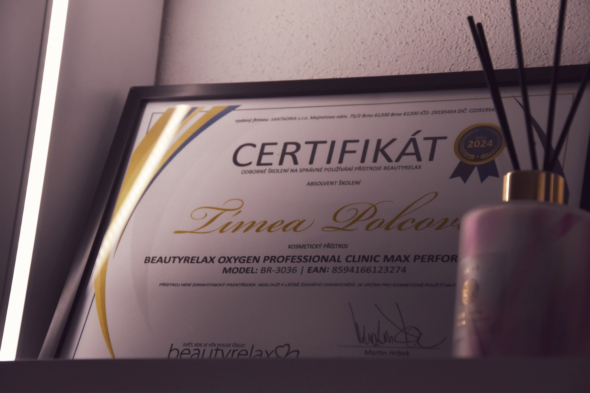 Certifikát Timey Polcovej za odborné školenie na prístroji Beautyrelax